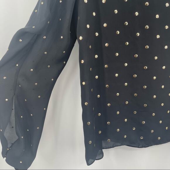 VINCE CAMUTO Blouse Black Gold Dot Grommet Holiday Cocktail Sheer Size Medium - Picture 9 of 13
